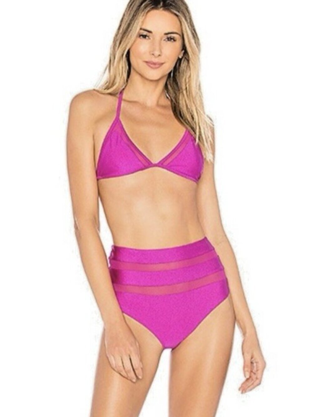 Lovers Friends Revolve Magenta Triangle Halter High Waist Mesh Bikini Set XS